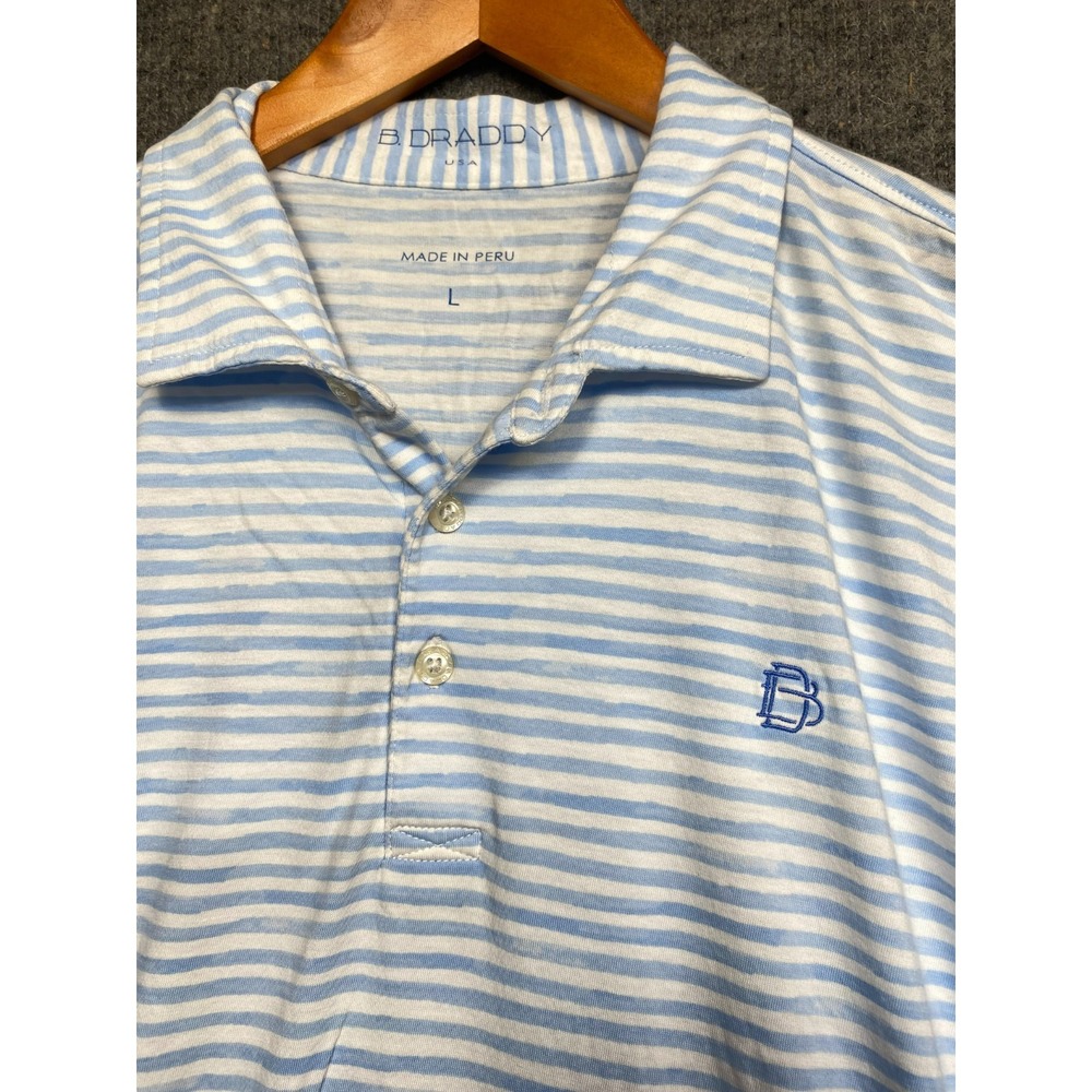 B Draddy Mens Large Light Blue Striped Pima Cotton Pocket Golf Polo Shirt